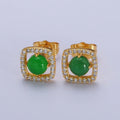 Green, Red Round Jade Micro Paved CZ Square Frame Geometric Stud Earrings | AB115 AB116