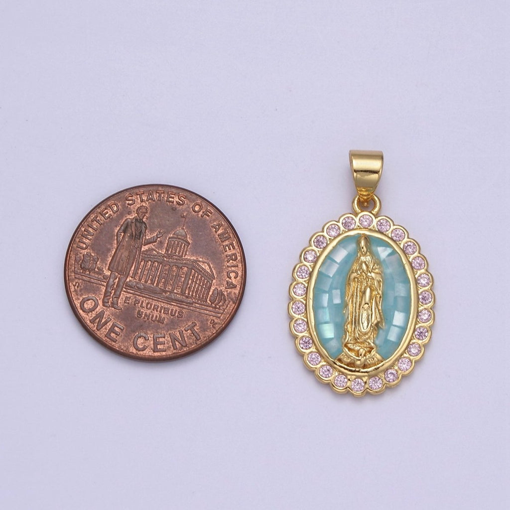 Green Shell Miraculous Lady Charm for Necklace, Dainty Lady of Guadalupe Pendant for Religious Jewelry Making Supply in Gold plated N-551 - DLUXCA