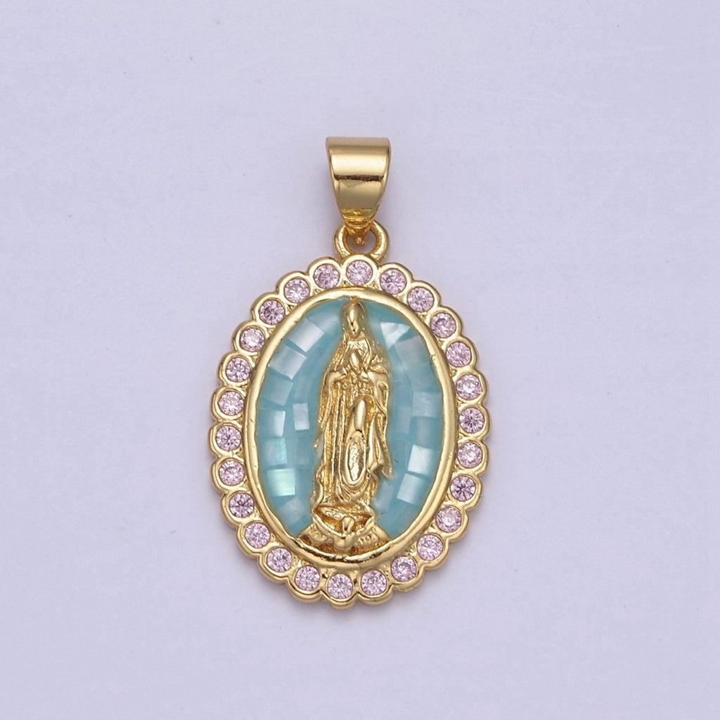 Green Shell Miraculous Lady Charm for Necklace, Dainty Lady of Guadalupe Pendant for Religious Jewelry Making Supply in Gold plated N-551 - DLUXCA