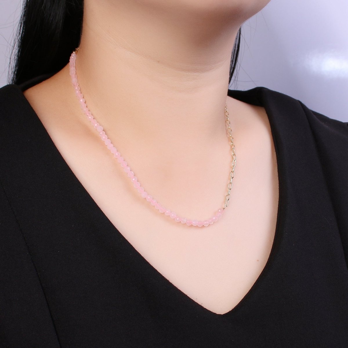 Half 14K Gold plated Cable Link Chain, Half Dainty Pink Quartz Natural Gemstone Necklace | WA-029 Clearance Pricing - DLUXCA