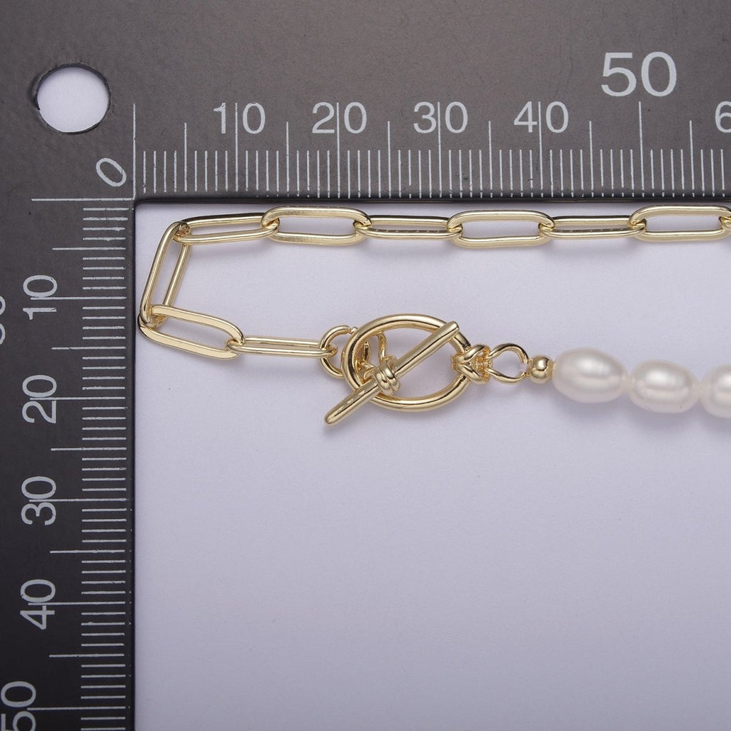 Half beaded half chain necklace in 18k gold plated | Layer Necklace paper clip chain rectangle | White Freshwater Pearl | WA-863 Clearance Pricing - DLUXCA