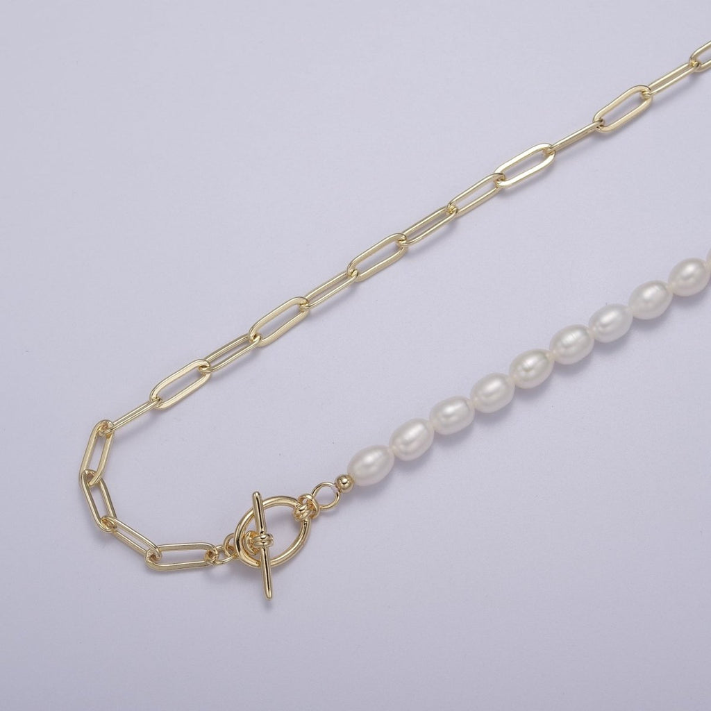 Half beaded half chain necklace in 18k gold plated | Layer Necklace paper clip chain rectangle | White Freshwater Pearl | WA-863 Clearance Pricing - DLUXCA