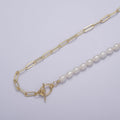 Half beaded half chain necklace in 18k gold plated | Layer Necklace paper clip chain rectangle | White Freshwater Pearl | WA-863 Clearance Pricing - DLUXCA