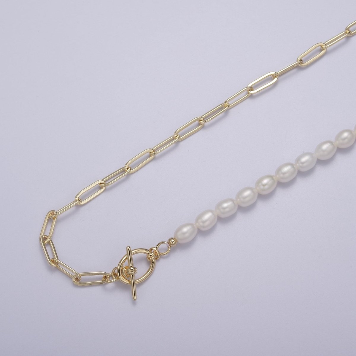 Half beaded half chain necklace in 18k gold plated | Layer Necklace paper clip chain rectangle | White Freshwater Pearl | WA-863 Clearance Pricing - DLUXCA