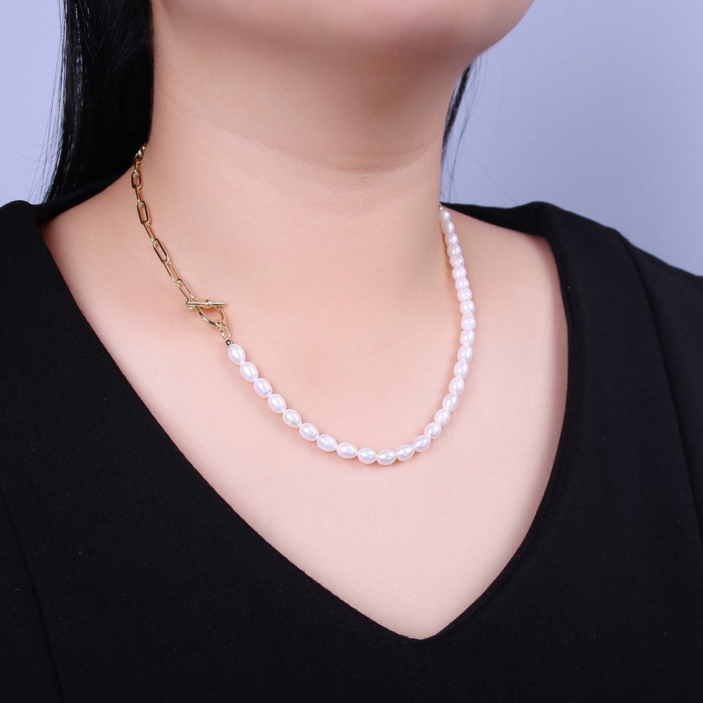 Half beaded half chain necklace in 18k gold plated | Layer Necklace paper clip chain rectangle | White Freshwater Pearl | WA-863 Clearance Pricing - DLUXCA