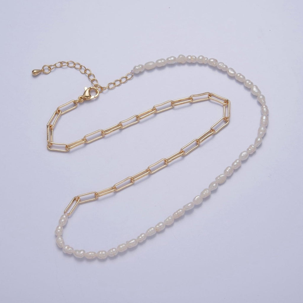 Half Pearl Half chain necklace in 18k gold fill | Layer Necklace Gold Paper Clip chain with White Freshwater Pearl | WA-1064 Clearance Pricing - DLUXCA
