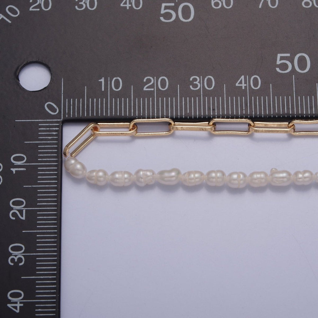 Half Pearl Half chain necklace in 18k gold fill | Layer Necklace Gold Paper Clip chain with White Freshwater Pearl | WA-1064 Clearance Pricing - DLUXCA