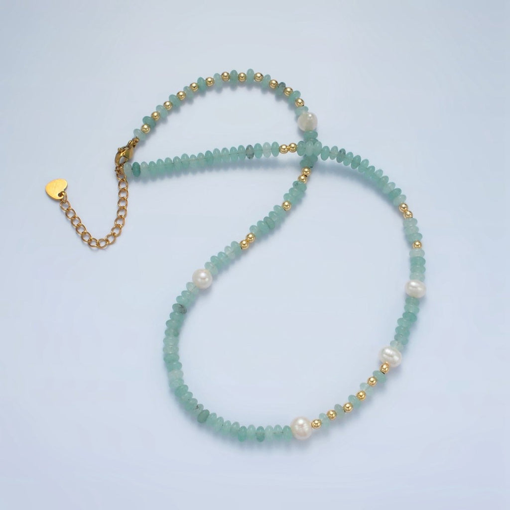 Handmade Green Amazonite Rondell Beaded Chain Necklace with Fresh Water Pearl 15.55 inch | WA2567 - DLUXCA