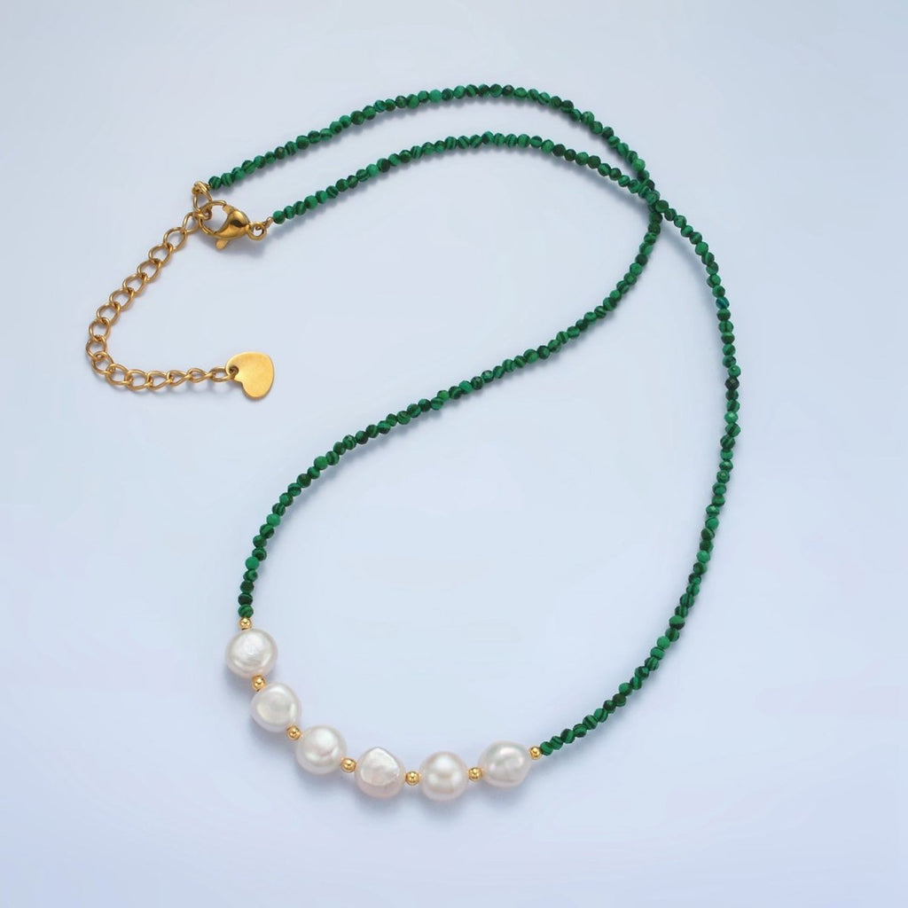 Handmade Green Malachite Beaded Chain Necklace with Freshwater Pearl 15.55 inch | WA2569 - DLUXCA