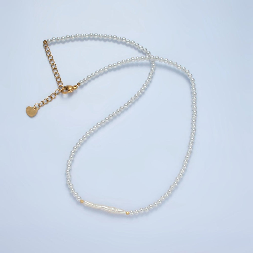 Handmade Imitation Pearl Beaded Chain Necklace with Mother of Pearl Charm 15.55 Inch with Extender | WA2580 - DLUXCA