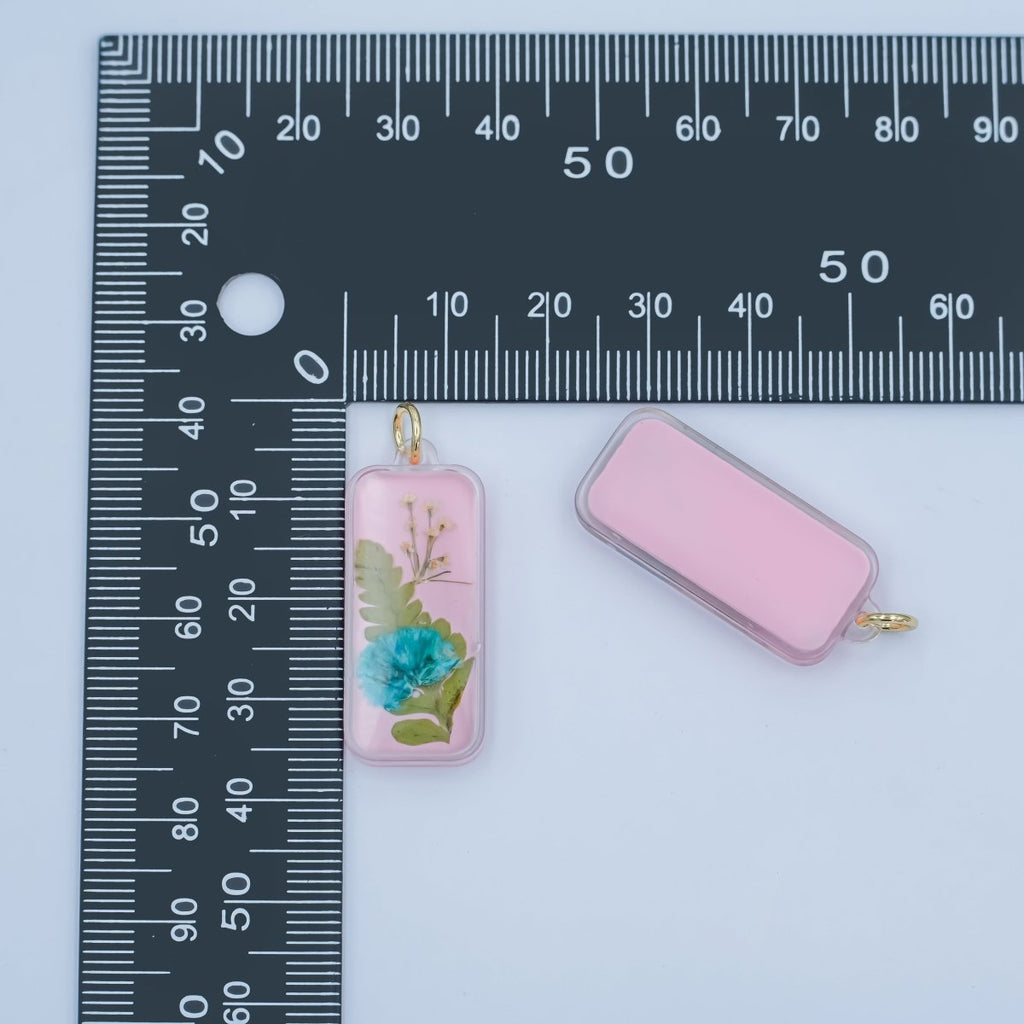Handmade Pressed Blue Flower Pink Rectangular Resin Charm | N064 