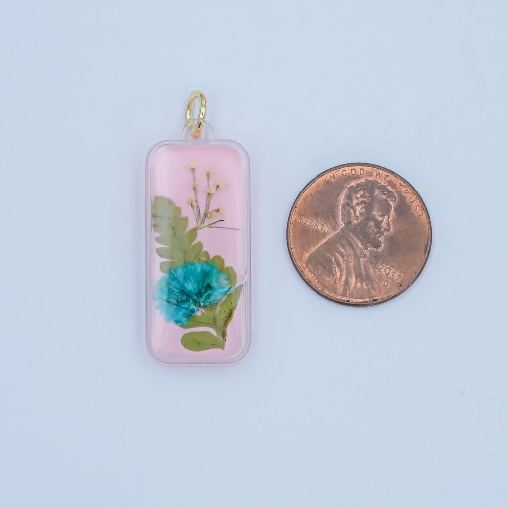 Handmade Pressed Blue Flower Pink Rectangular Resin Charm | N064 