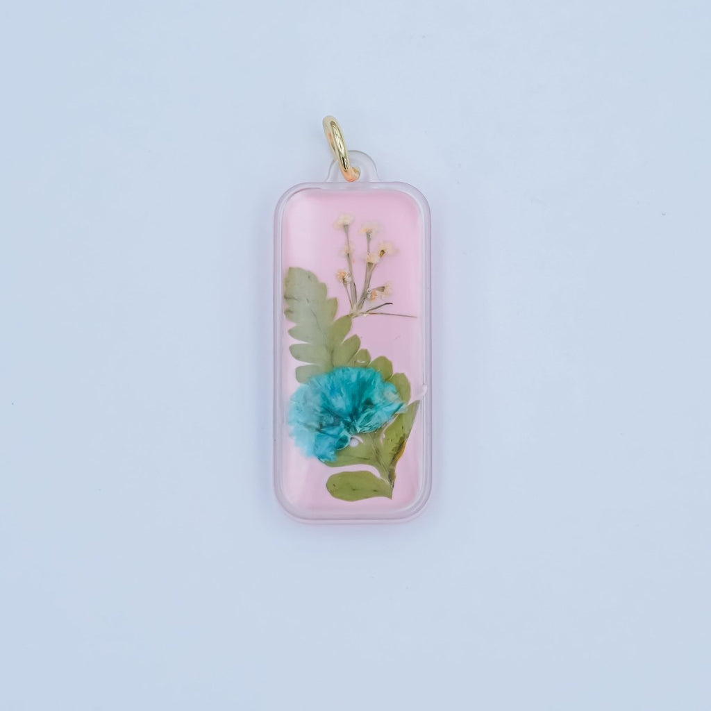Handmade Pressed Blue Flower Pink Rectangular Resin Charm | N064 