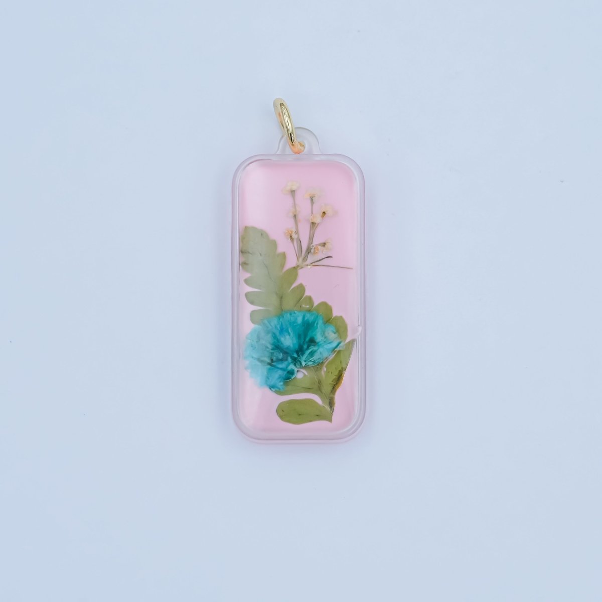 Handmade Pressed Blue Flower Pink Rectangular Resin Charm | N064 