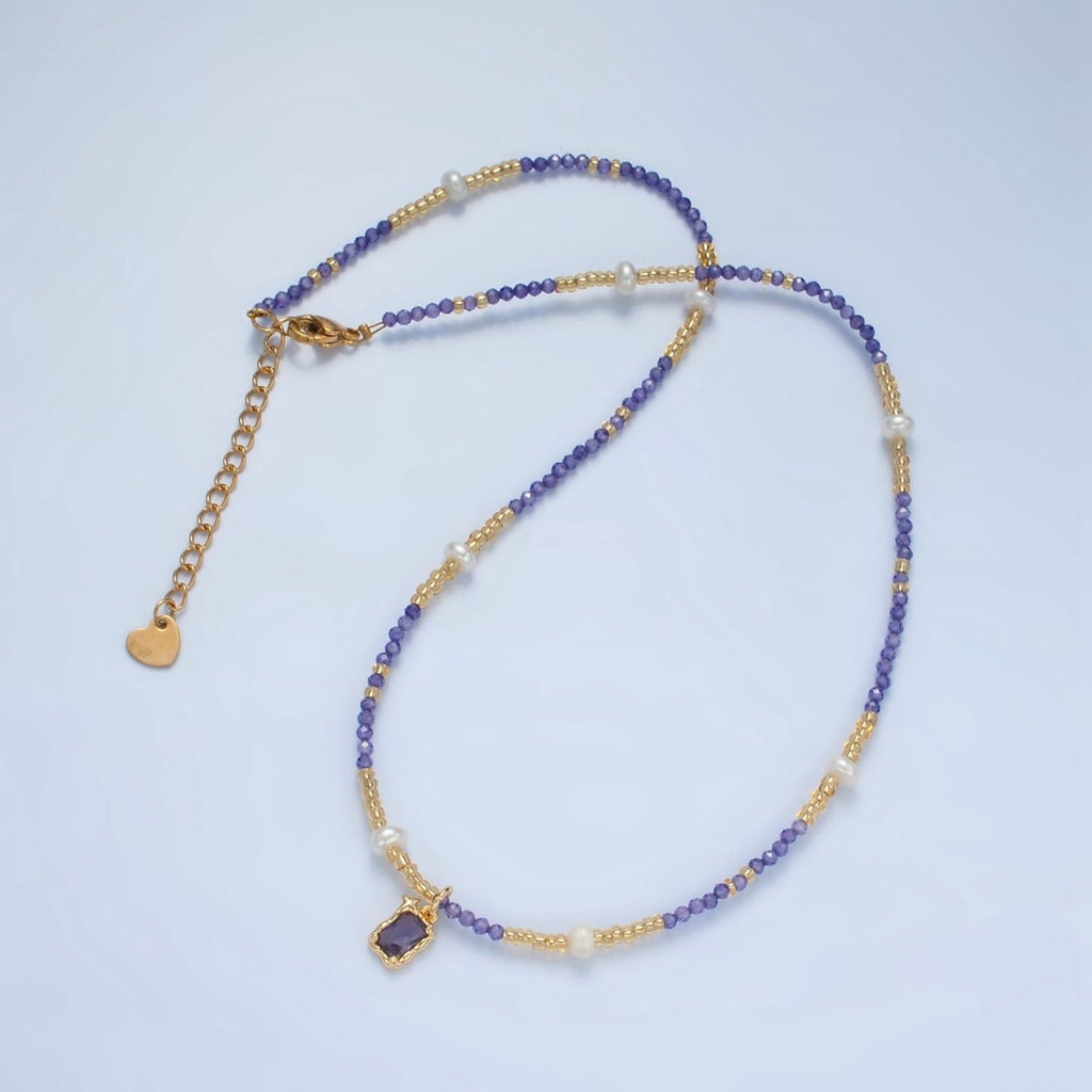 Handmade Purple Amethyst Beaded Chain Necklace with Freshwater Pearl 15.75 inch | WA2583 - DLUXCA