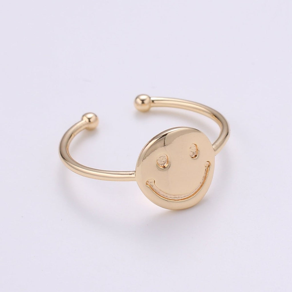 Happy Face 18k Gold plated Ring, Smiley Adjustable Gold Curb Ring, Simple Round Ring, Smile R-272 - DLUXCA
