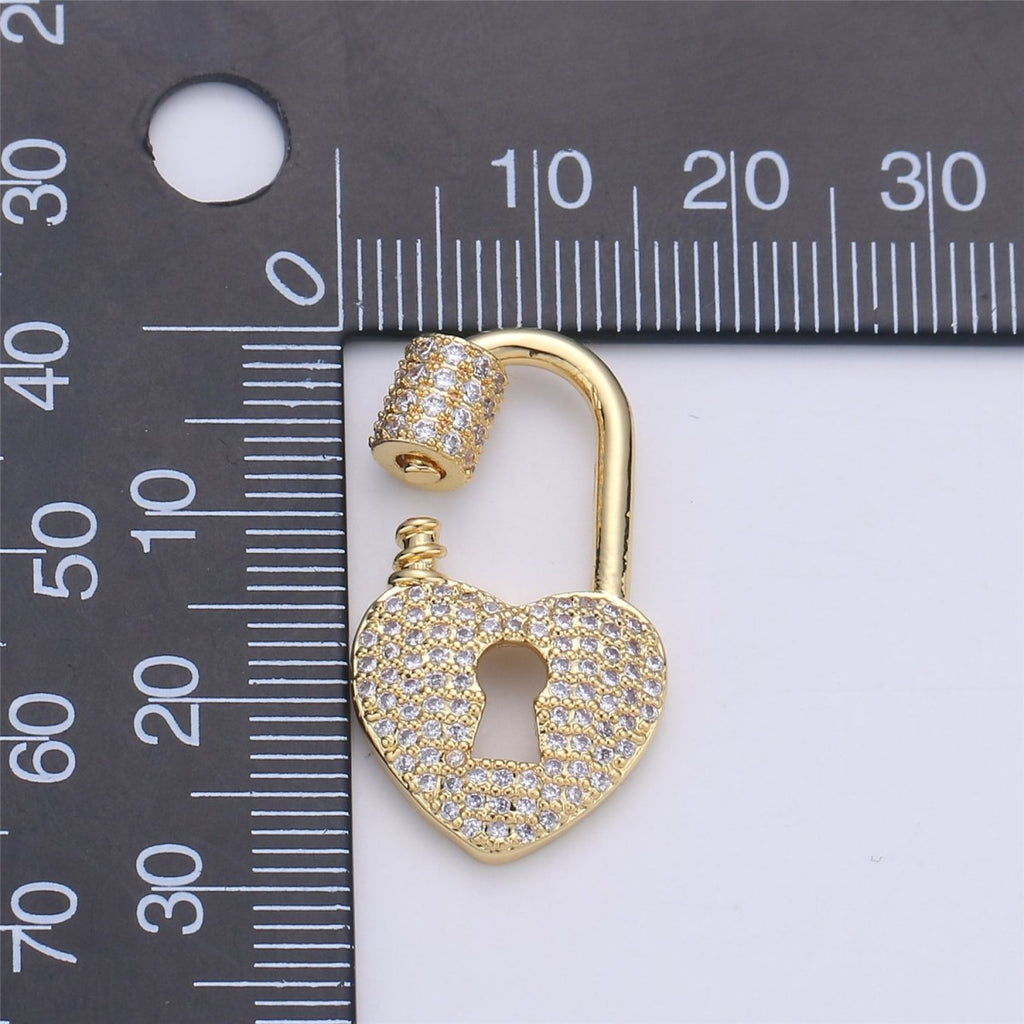 Heart Carabiner Screw Lock, Heart with Cubic Zirconia Crystal Padlock Gold plated Clasp- K-375 - DLUXCA