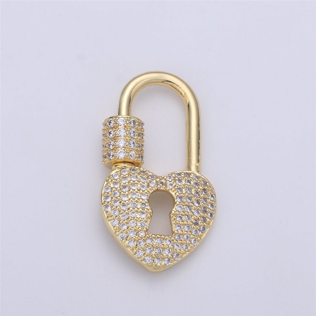 Heart Carabiner Screw Lock, Heart with Cubic Zirconia Crystal Padlock Gold plated Clasp- K-375 - DLUXCA