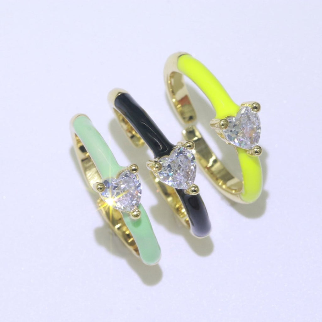 Heart Cz Ring Adjustable Gold Ring, Colorful Pastel Enamel Ring, Stackable Ring Black White Pink blue Green Ring for Women O-910~O-919