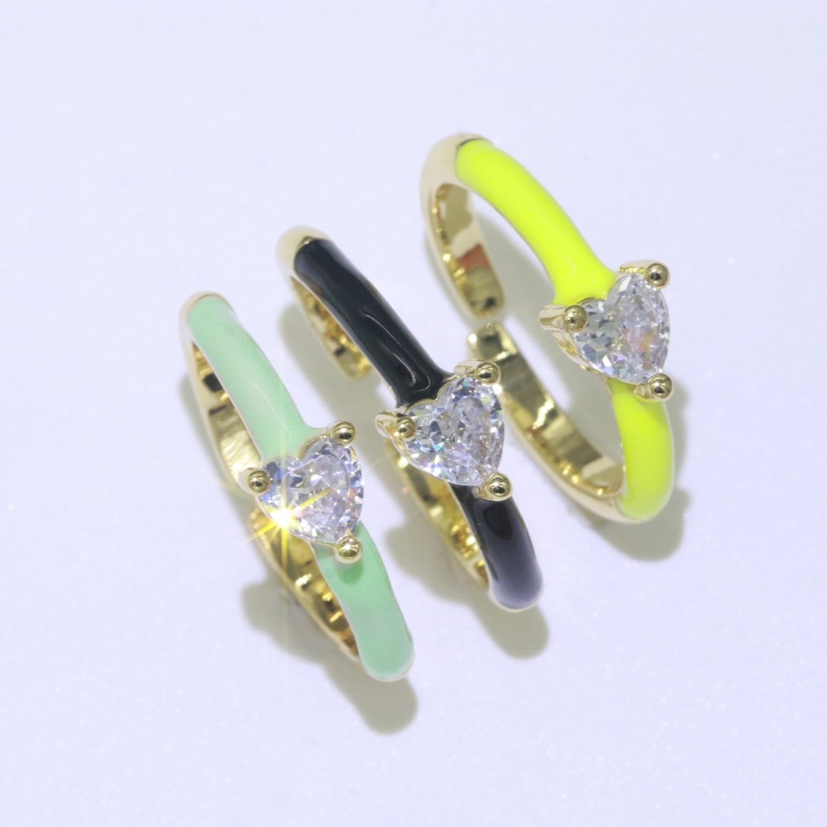 Heart Cz Ring Adjustable Gold Ring, Colorful Pastel Enamel Ring, Stackable Ring Black White Pink blue Green Ring for Women O-910~O-919