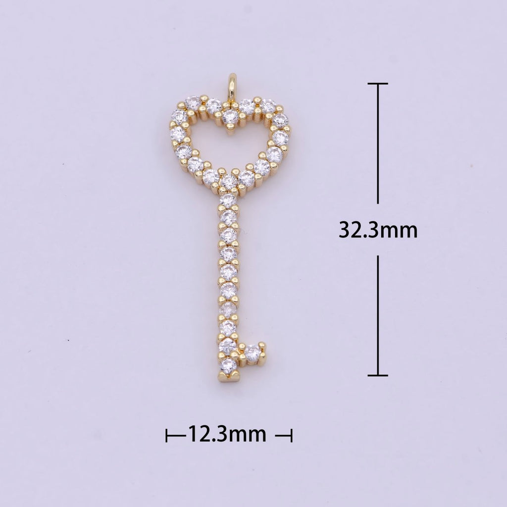 Heart key pendant 18K gold plated Nickel free Lead Free Micro Pave Charm, Cubic Key pendant, Earring Necklace Component C-744 - DLUXCA