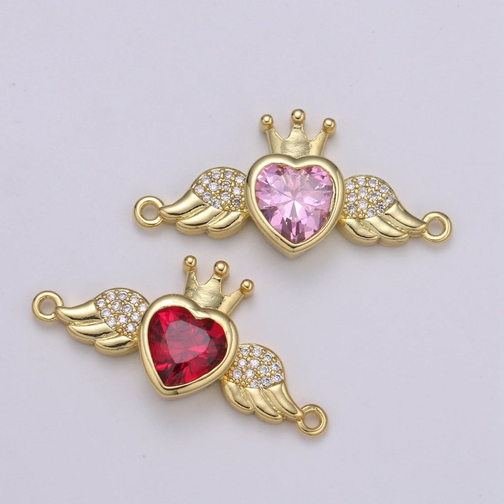 Heart Solitaire CZ 24K Gold Connector, Angel Adjustable Gold Connector, Wings, Red & Pink Cubic Zirconia Connector F-570 F-571