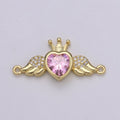 Heart Solitaire CZ 24K Gold Connector, Angel Adjustable Gold Connector, Wings, Red & Pink Cubic Zirconia Connector F-570 F-571