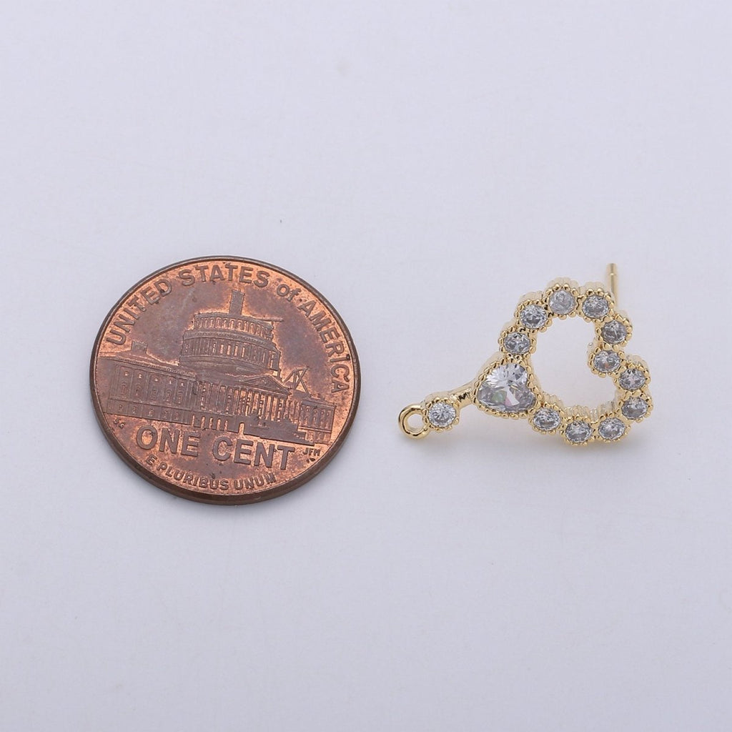 Heart Stud Earring Charm • 24k Gold plated• Micro Pave Heart • Jewelry Making Supplies • Open Ring Attached for Jewelry Making Supply, K-402 - DLUXCA
