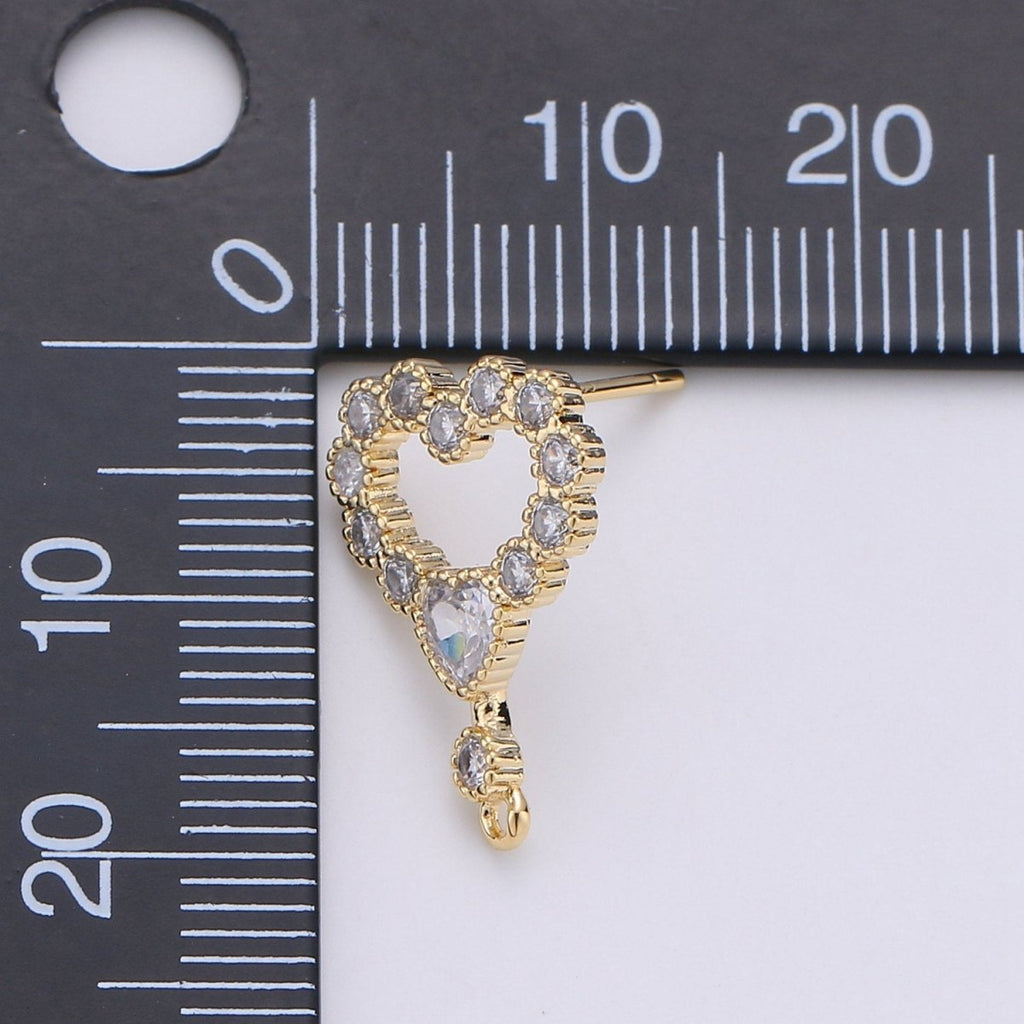 Heart Stud Earring Charm • 24k Gold plated• Micro Pave Heart • Jewelry Making Supplies • Open Ring Attached for Jewelry Making Supply, K-402 - DLUXCA