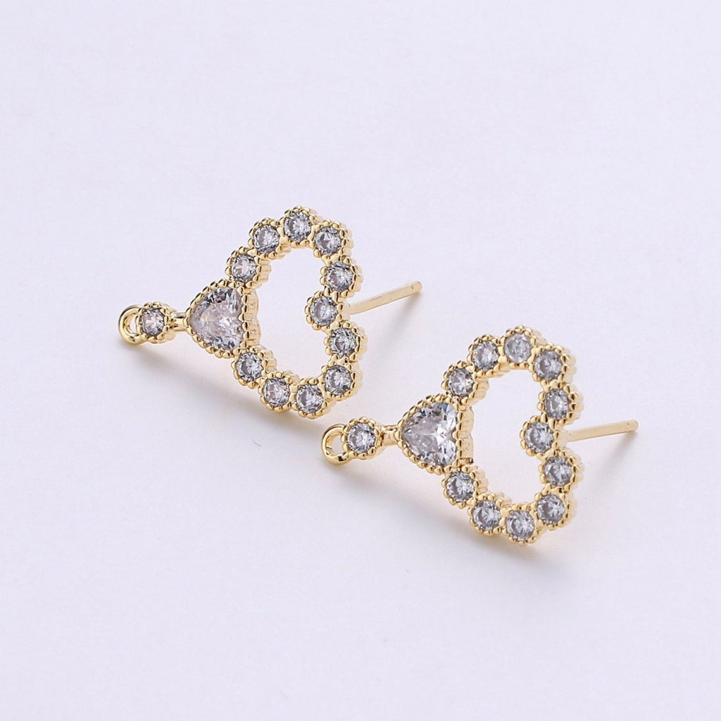 Heart Stud Earring Charm • 24k Gold plated• Micro Pave Heart • Jewelry Making Supplies • Open Ring Attached for Jewelry Making Supply, K-402 - DLUXCA