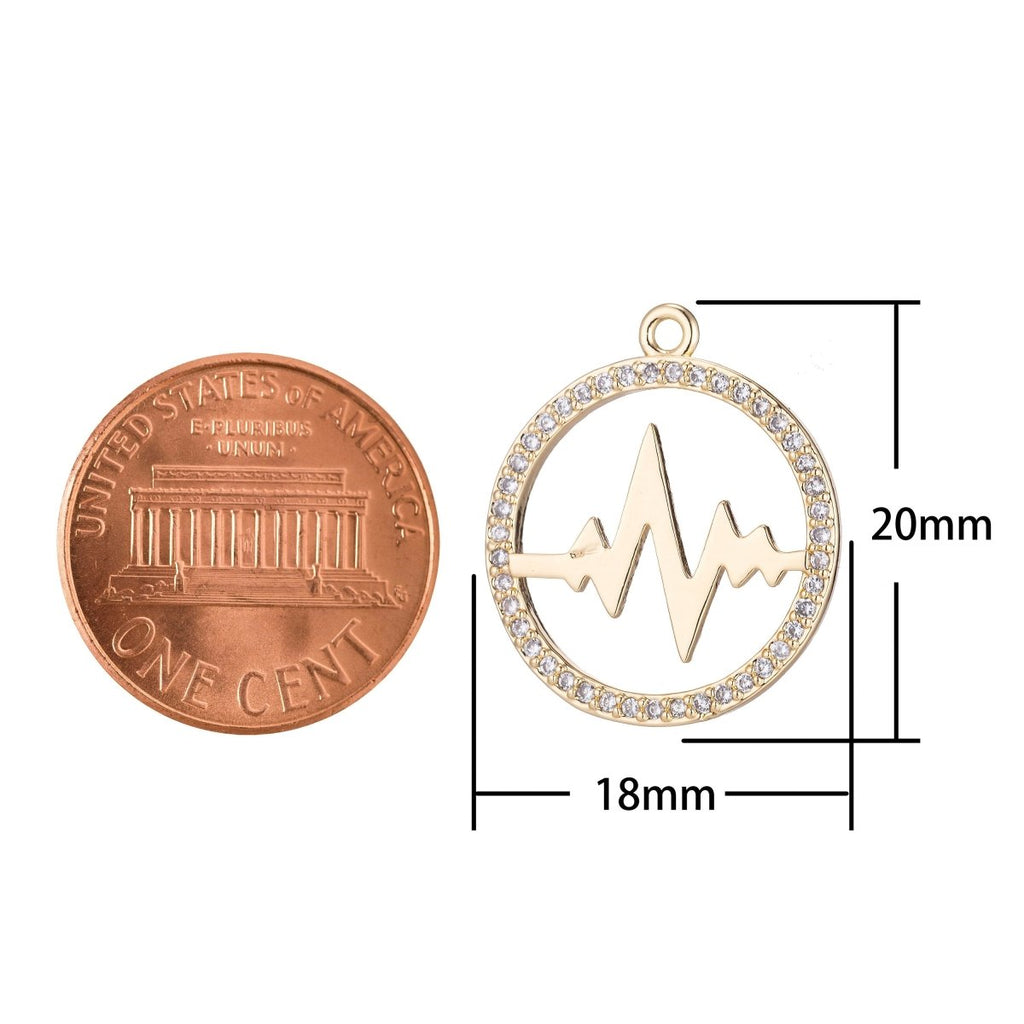 Heartbeat Charm, Micro Pave CZ Charm, 18K Gold plated Pendant Dainty Love Heart Beat Round Necklace Charm for Jewelry Making,C-566 - DLUXCA
