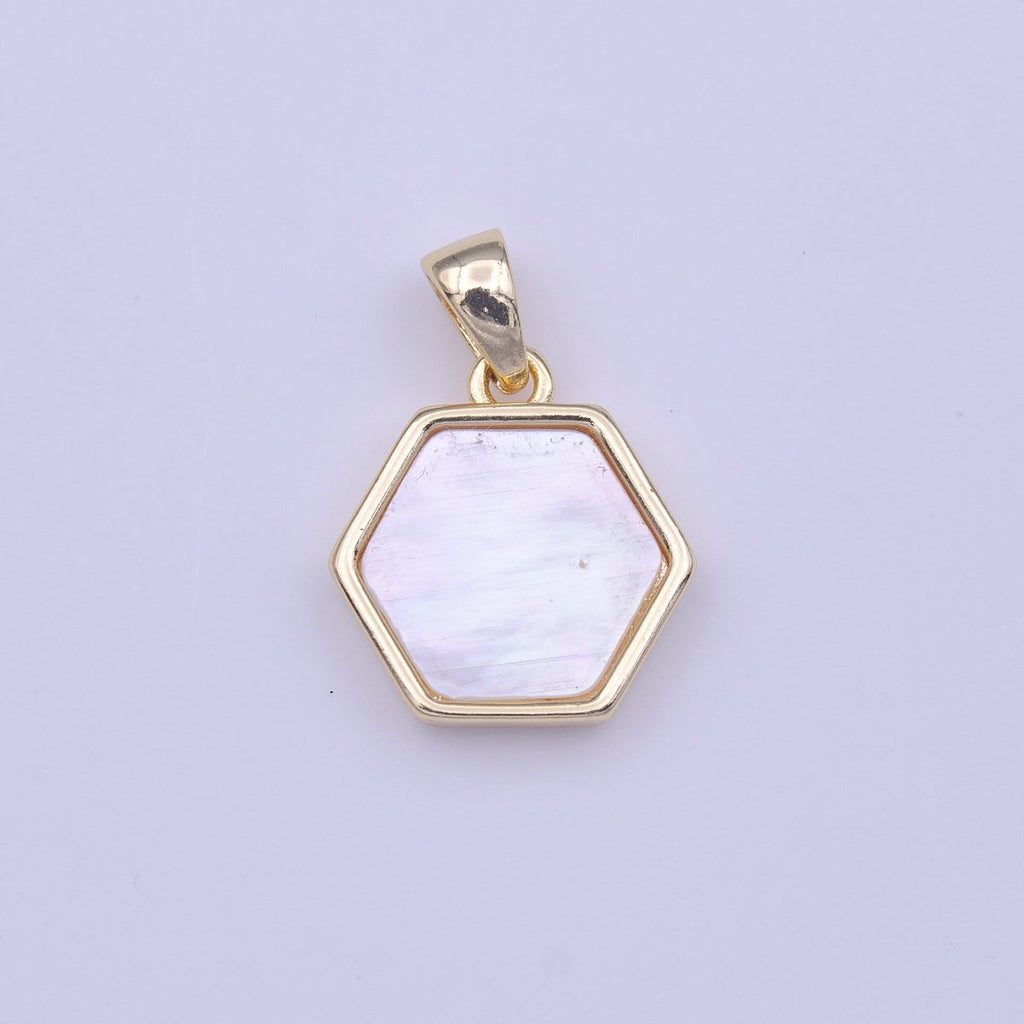 Hexagon Geometric Shell Pearl Minimalist Gold Pendant H-224 - DLUXCA