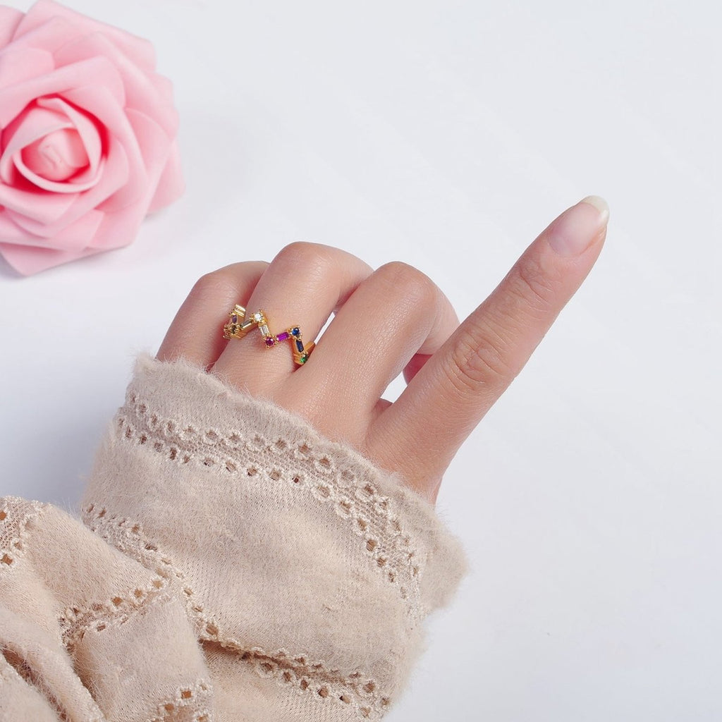 Highs And Lows Ring Baguette ZigZag Ring in 14k Gold plated Colorful CZ Statement Ring Stackable CZ Ring O-2120 - DLUXCA