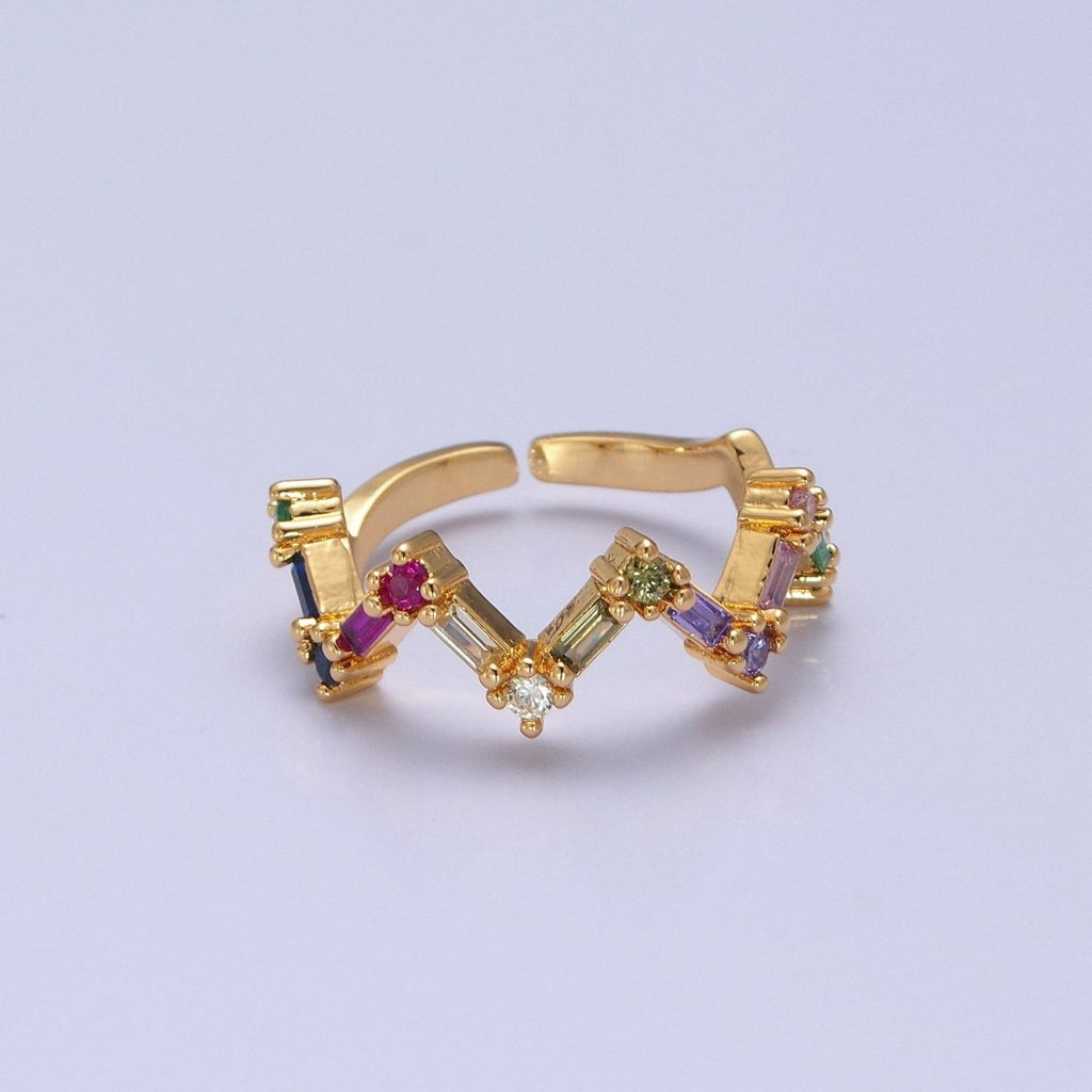 Highs And Lows Ring Baguette ZigZag Ring in 14k Gold plated Colorful CZ Statement Ring Stackable CZ Ring O-2120 - DLUXCA