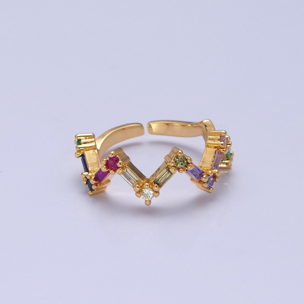 Highs And Lows Ring Baguette ZigZag Ring in 14k Gold plated Colorful CZ Statement Ring Stackable CZ Ring O-2120 - DLUXCA