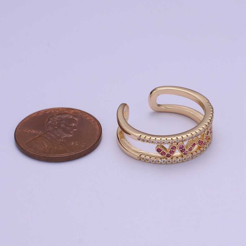 Hot Pink CZ Heart 18K Gold plated Adjustable Ring O-326 - DLUXCA