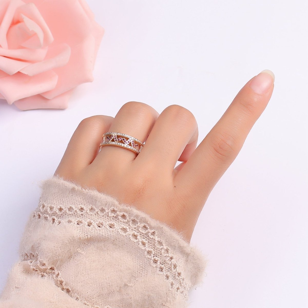 Hot Pink CZ Heart 18K Gold plated Adjustable Ring O-326 - DLUXCA