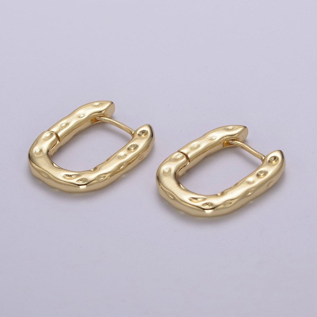 Hypoallergenic Gold Rectangular Hoop Earrings Small Huggie Hoops, U Shape Hoop, Oval Hoops, Rustic Hammered Geometric Earring, Minimal Earring T-252 - DLUXCA