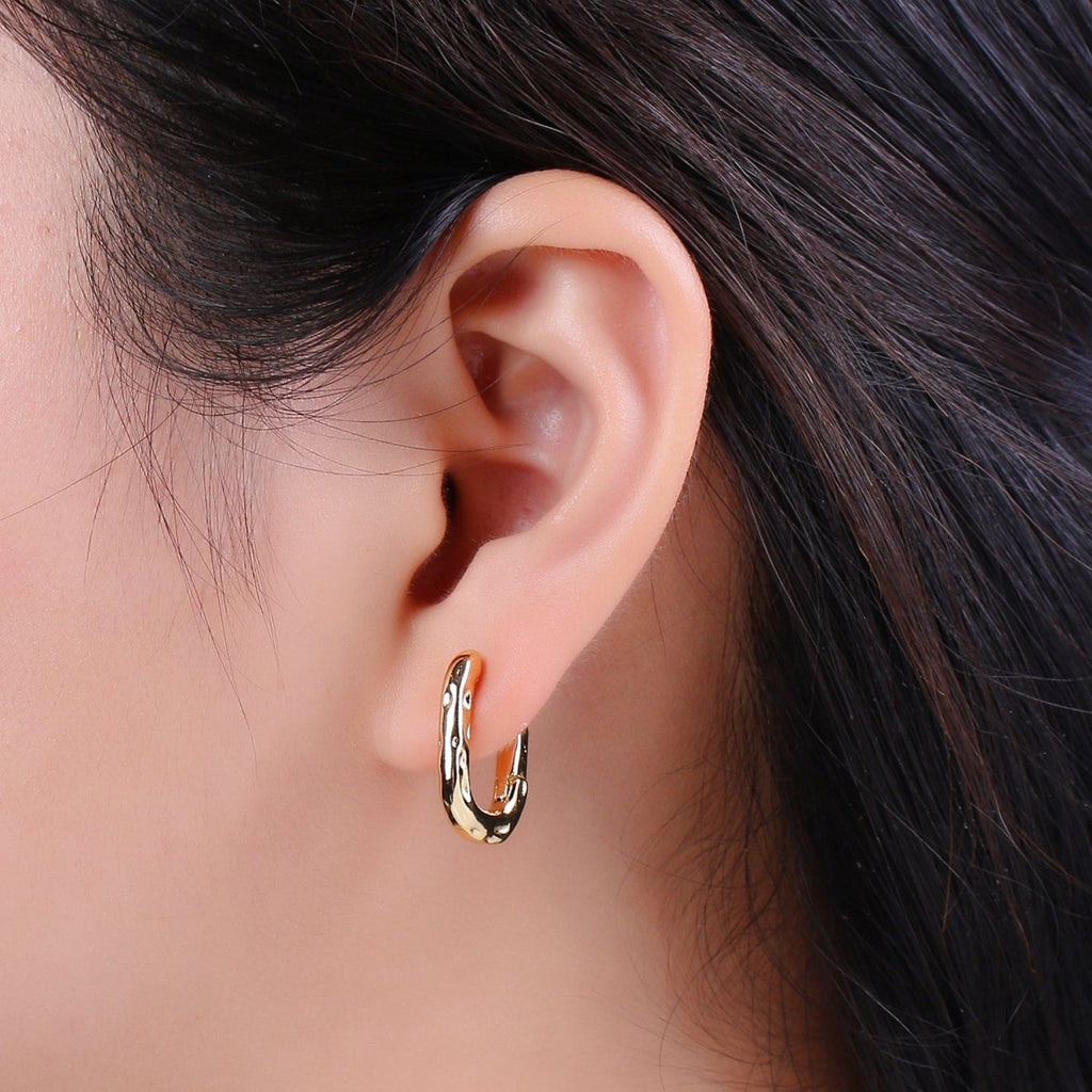 Hypoallergenic Gold Rectangular Hoop Earrings Small Huggie Hoops, U Shape Hoop, Oval Hoops, Rustic Hammered Geometric Earring, Minimal Earring T-252 - DLUXCA