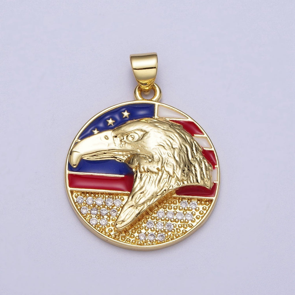 24K Gold plated Micro Paved American Eagle Flag Enamel Round Pendant | I188 - DLUXCA