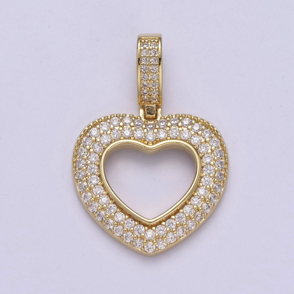 Iced Heart Pendant Open Cut Heart Charm in 14k Gold plated H-295 - DLUXCA