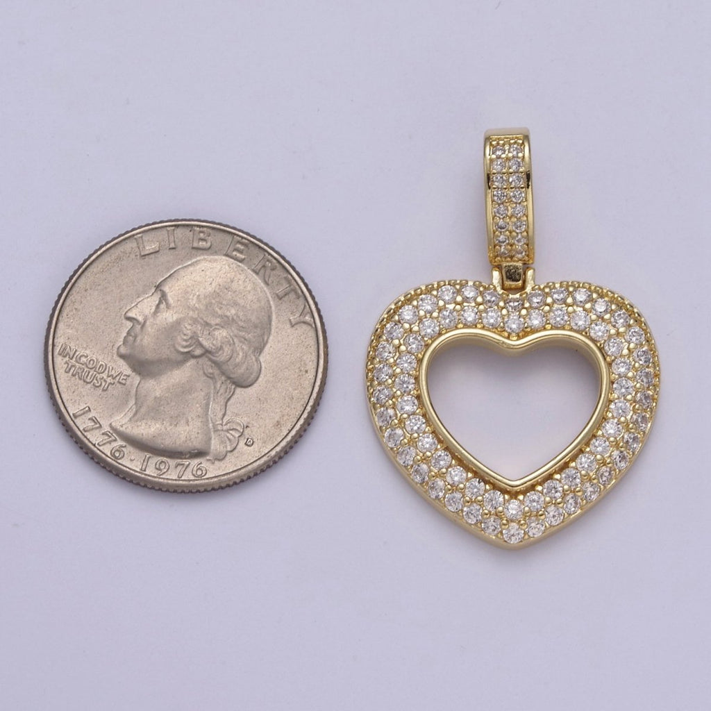 Iced Heart Pendant Open Cut Heart Charm in 14k Gold plated H-295 - DLUXCA