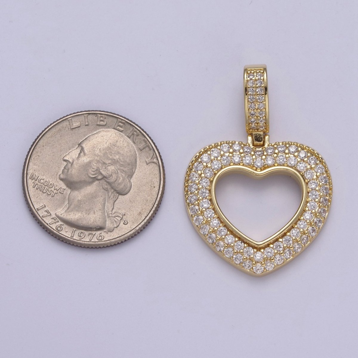 Iced Heart Pendant Open Cut Heart Charm in 14k Gold plated H-295 - DLUXCA
