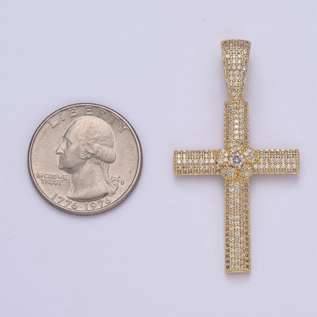 Iced Out Cubic Cross Pendant in 14k Gold plated Charm for Religious Statement Jewelry H-313 - DLUXCA