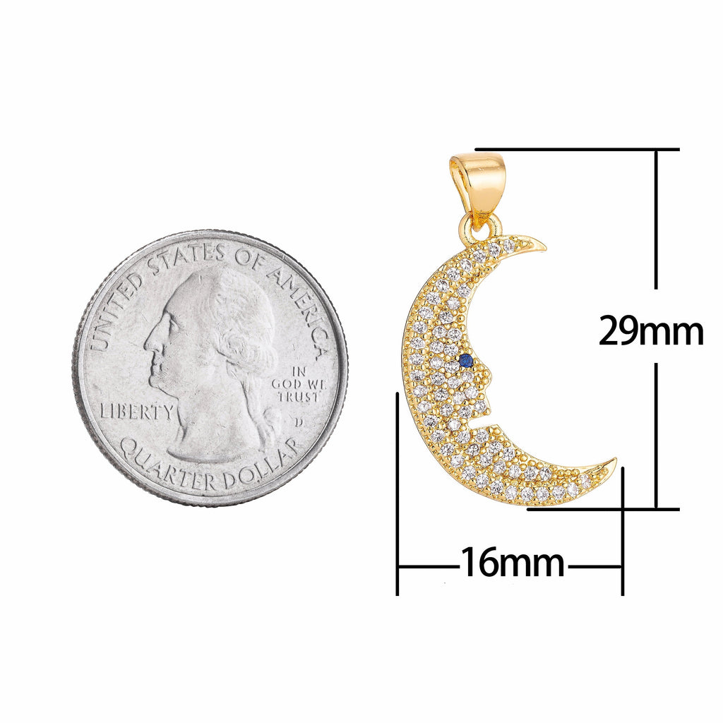 18K Gold plated Crescent Moon Face Dream Charm Crystal Cubic Zirconia for Necklace Pendant Earring Bail Dangle Findings for Jewelry Making - DLUXCA