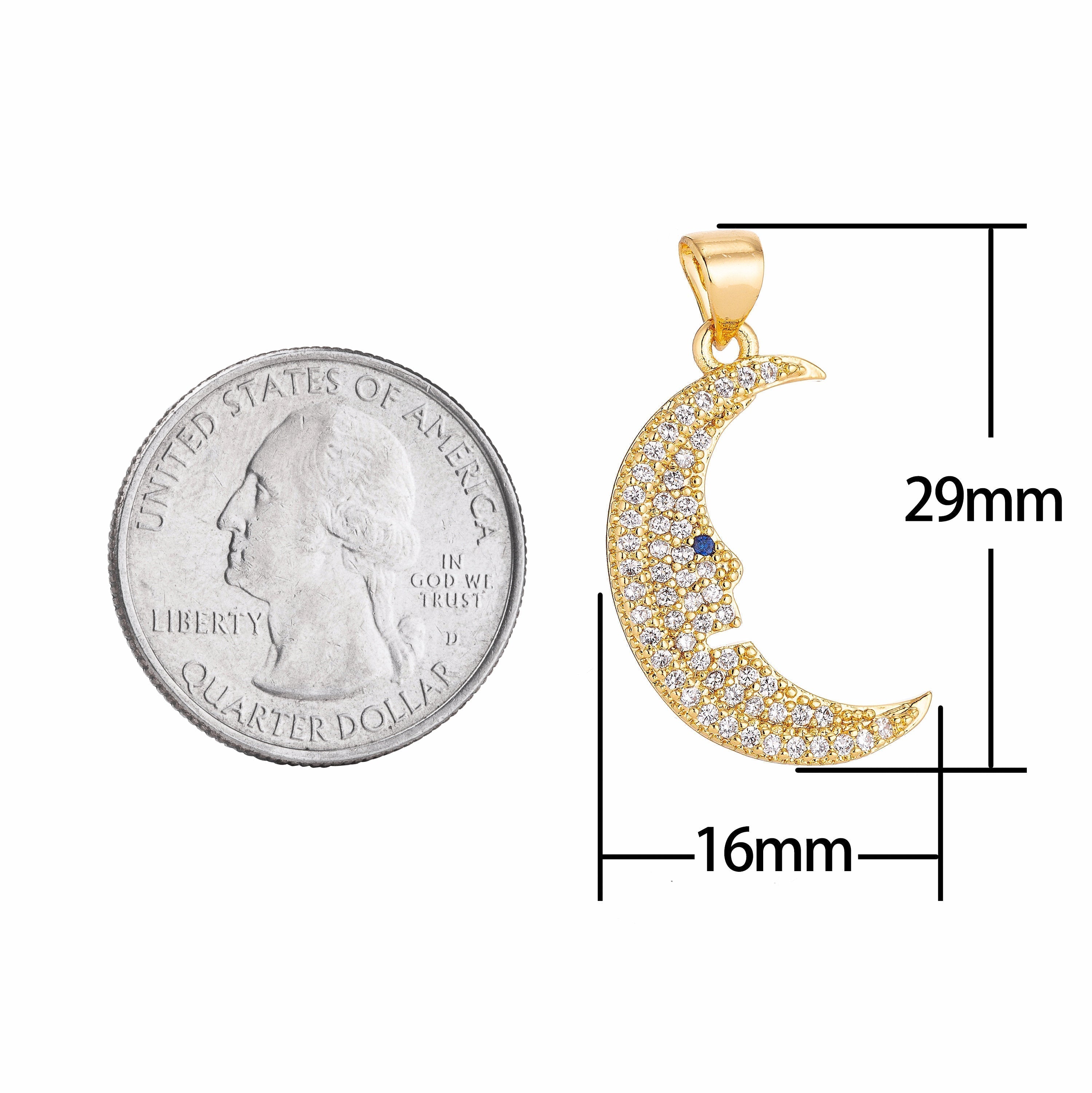 18K Gold plated Crescent Moon Face Dream Charm Crystal Cubic Zirconia for Necklace Pendant Earring Bail Dangle Findings for Jewelry Making - DLUXCA