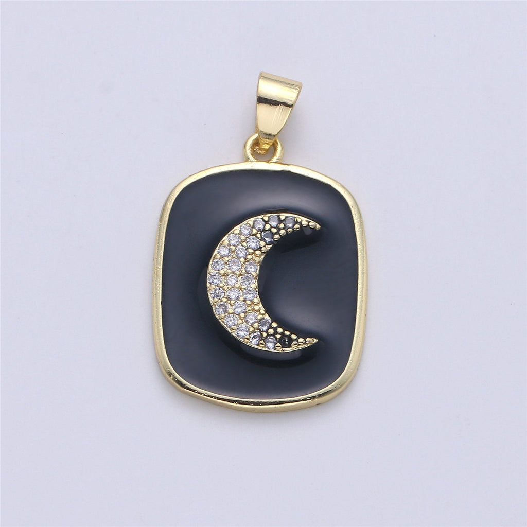 Gold Enamel Moon Charm Military Tag Pendant, Black White Celestial Charm, Enamel Jewelry for Necklace Component  I-450