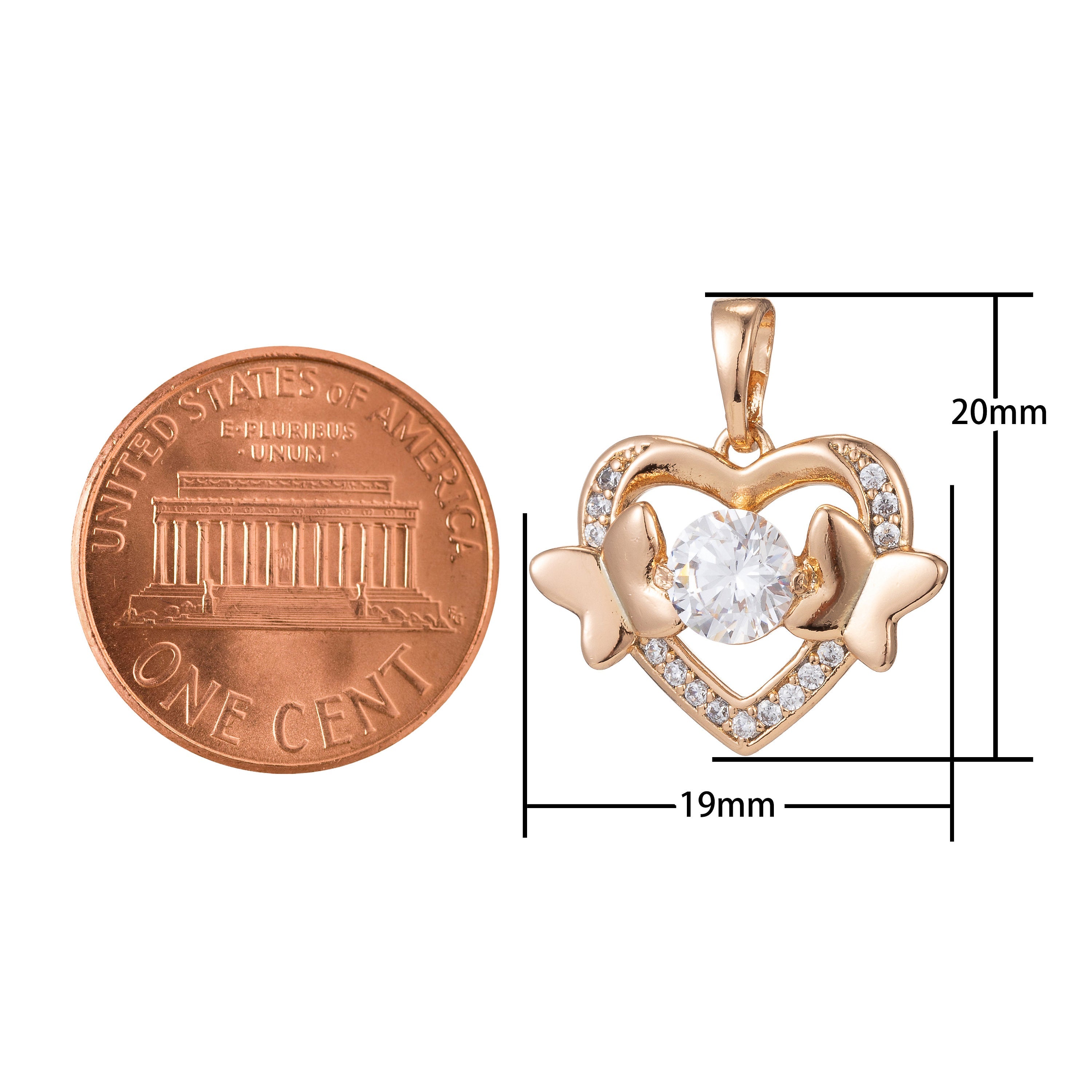 1pc 18k Gold plated Micro Pave CZ Heart Pendant Charm, Hearts with Dual Butterfly Pendant Charm, Gold plated Heart Pendant, For DIY Jewelry - DLUXCA