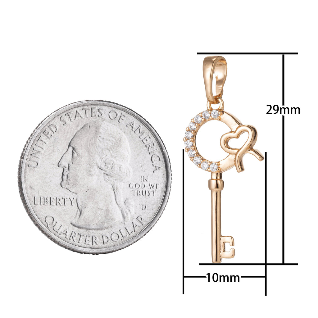 1pc 18k Gold plated Micro Pave CZ Heart Key Pendant Charm, Micro Pave CZ Key Pendant Charm, Gold plated Key Pendant, For DIY Jewelry - DLUXCA