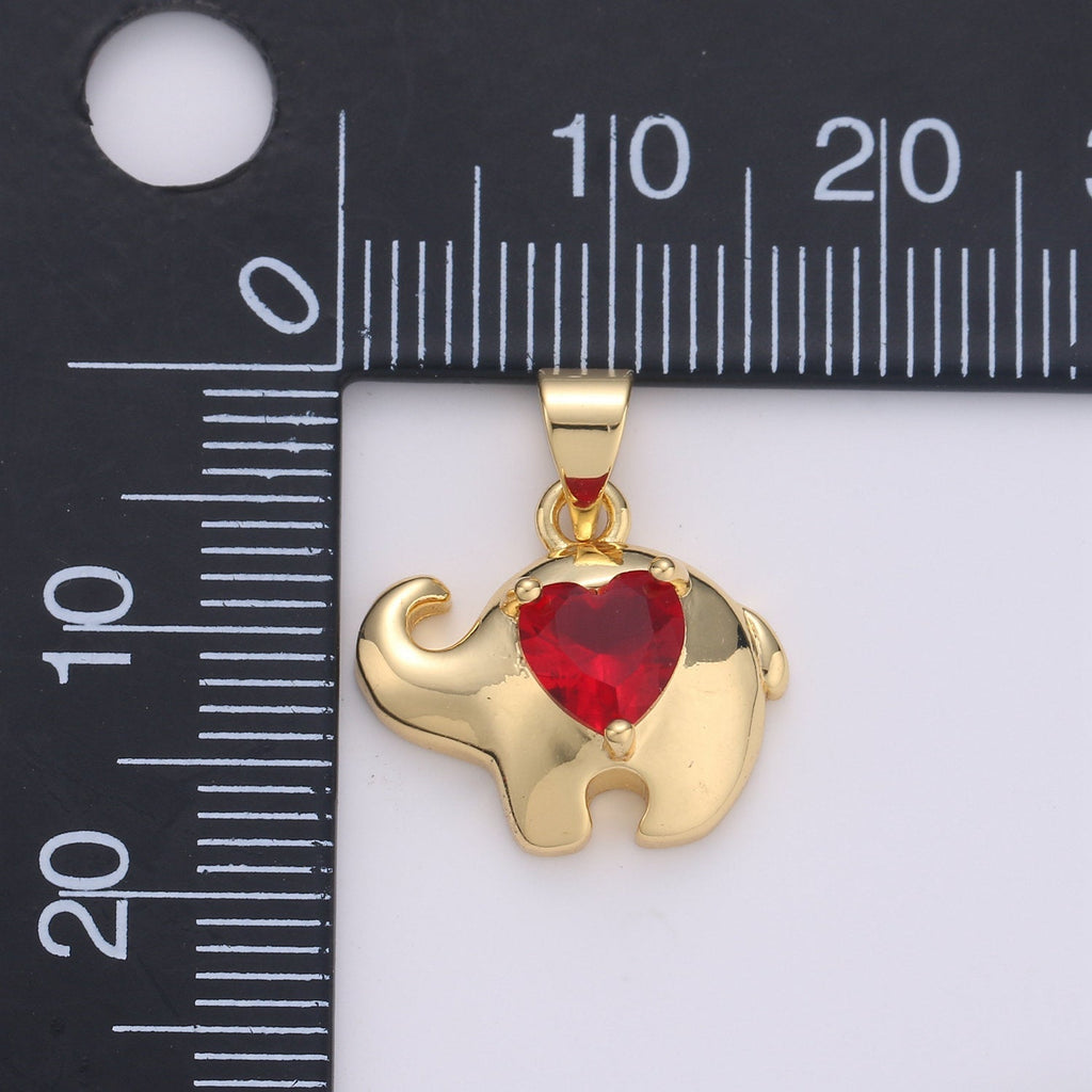 14k Gold plated  Elephant lined Ruby Heart Pendant Charm  ,  Elephant with red bead Pendant Charm, Gold plated Pendant, For DIY Jewelry - DLUXCA